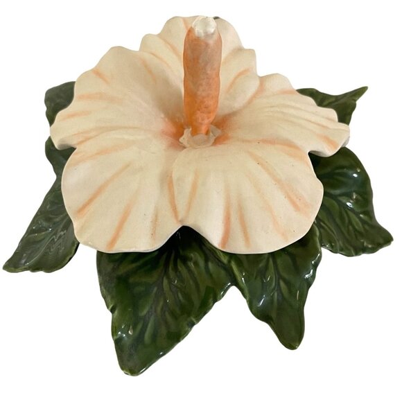Handmade Hawaiian Ceramic Flower Tropical Hibiscus Peach Green Leaf Floral GIFT - Picture 10 of 10